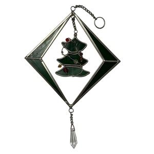 Christmas Tree Stained Glass Suncatcher With Beads Prism Green Red